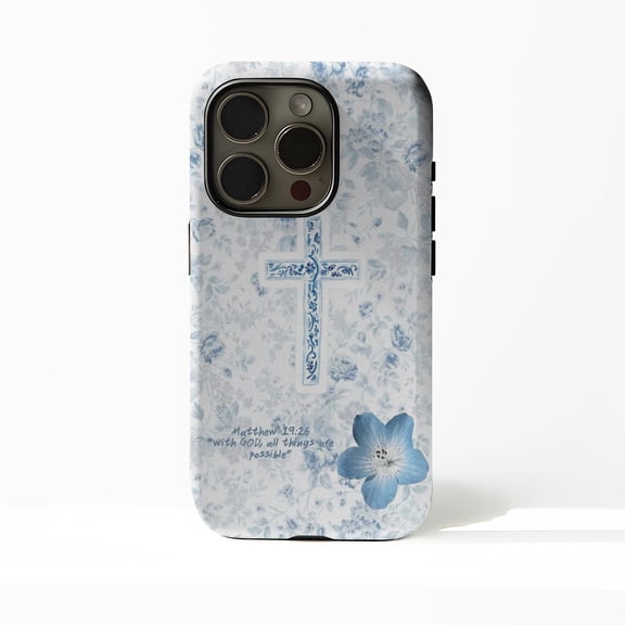 Blue Floral Cross Tough Phone Case for Apple iPhone, Dual-Layer Polycarbonate TPU Protective Cover