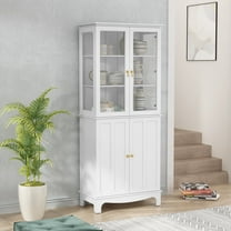 CBJCBJ 72" H 4 Doors Glass Display Cabinet with 3 Adjustable Shelves for Living Room, Kitchen, White