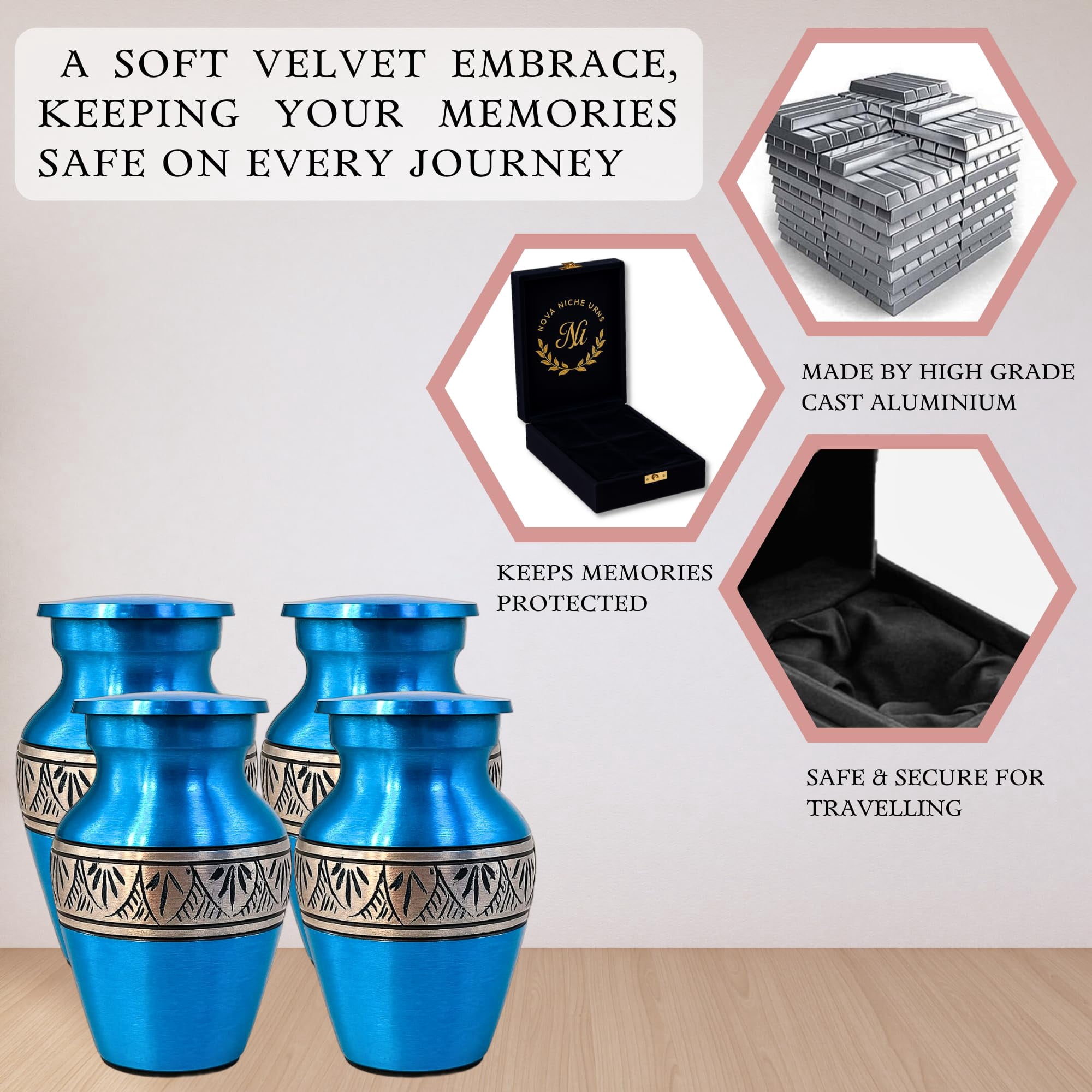 Nova Niche Small Violet Blue Aluminium Cremation Urns for Human Ashes – Mini Memorial Keepsake Set of 4 with Velvet Case