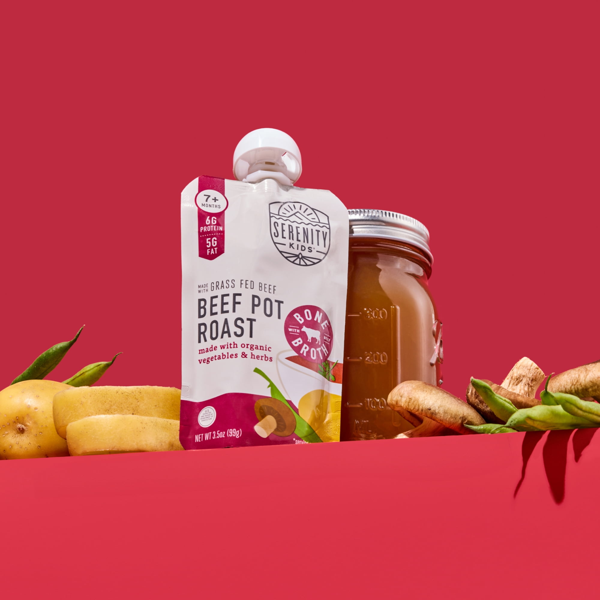 (12 pack) Serenity Kids Grass Fed Beef Pot Roast Stage 2 Baby Food Organic Veggies Herbs & Bone Broth, 3.5oz Pouch