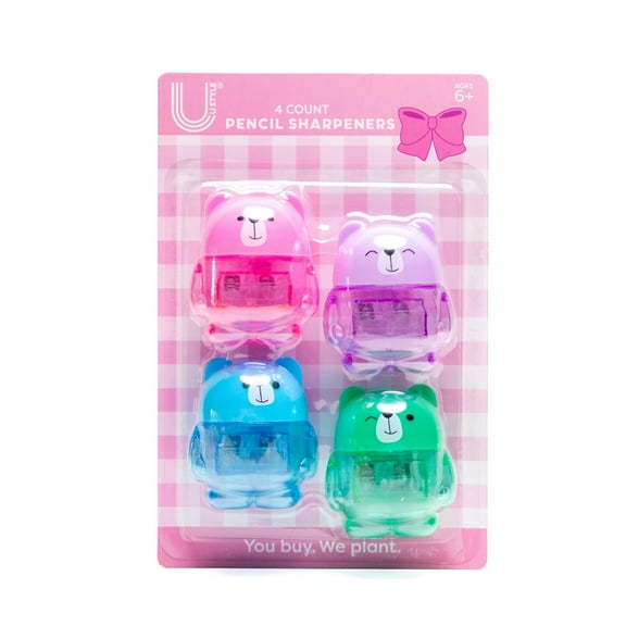U Style Bear-Shaped Pencil Sharpeners, 4 Pack, Pink