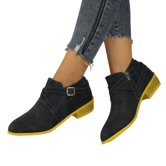 Mepaouo Women's Ankle Boots Suede Low Heels Buckle Western Shoes Zipper Pointy Toe Chelsea Booties