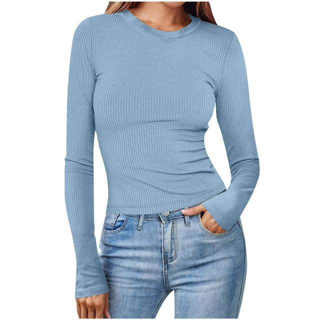Yuyuzo Ribbed Knit Tops for Women Long Sleeve Crewneck Slim Fitted Solid Color Basic Tee Blouses