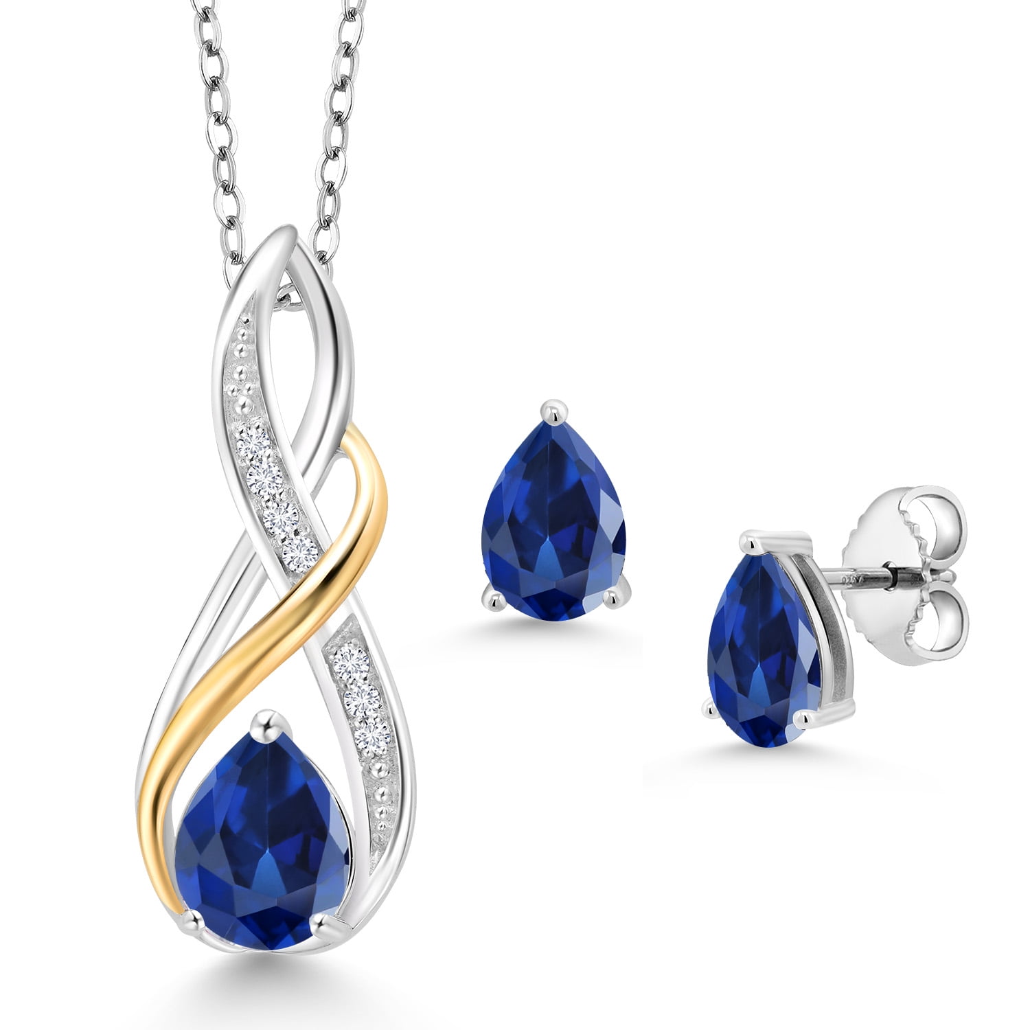 925 Silver and 10K Yellow Gold Pear Shape Blue Created Sapphire and White Lab Grown Diamond Pendant and Earrings Jewelry Set for Women (4.04 Cttw, Gemstone September Birthstone, with 18 inch Chain)