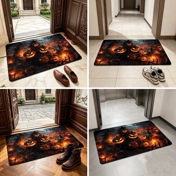 LACKUST Halloween Doormat Non-Slip Absorbent Welcome Mat with Jack-O'-Lantern & Bats, Washable Indoor Carpet for Front Door Kitchen