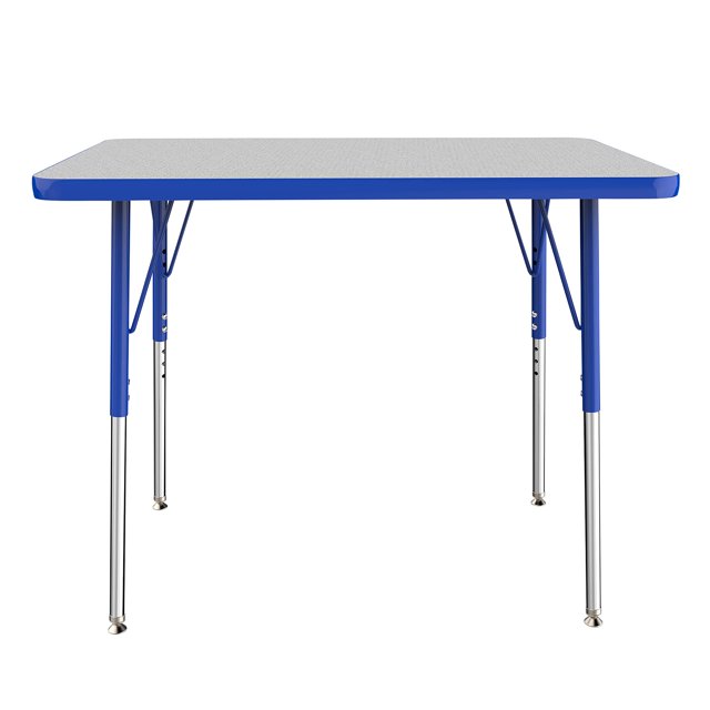 Factory Direct Partners FDP Rectangle Activity School and Office Table (24 x 36 inch), Standard Legs with Swivel Glides, Adjustable Height 19-30 inches; Quick Ship Single Box - Gray Top and Blue Edge