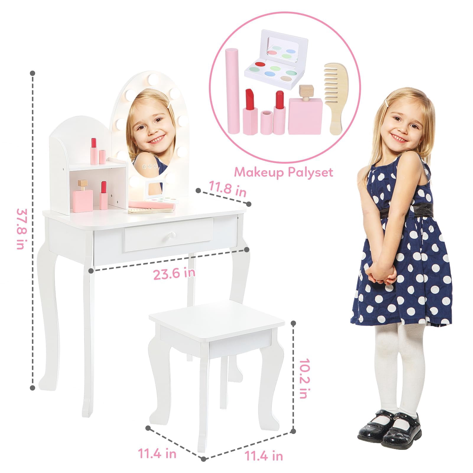 Kids Vanity Desk with Mirror Lights – Princess Makeup Dressing Table for Girls with Storage & Stool
