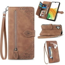 TECH CIRCLE Samsung Galaxy A14 Wallet Case,Embossed Flower PU Leather Folio Flip Protective Zipper Cover with Wrist Strap RFID Blocking Card Holder Kickstand Case for Galaxy A14 5G 6.6" 2023, Brown