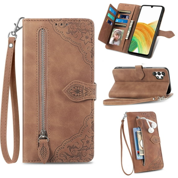 Allytech Compatible with Galaxy A14 5G Wallet Case Embossed Pattern, Flip Folio Stand Case with Card Slots and Detachable Hand Strap PU Leather Case for Samsung Galaxy A14 5G 2023 (6.6"), Brown