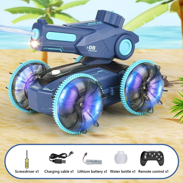 Vehículo de control remoto anfibio con iluminación, cañones de agua, tanque de control remoto, juguete de acrobacias para niños