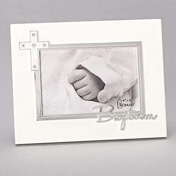 Baptism With Jewel Tone Accent Traditional Cross Cream 9 x 7 Wood Photo Frame