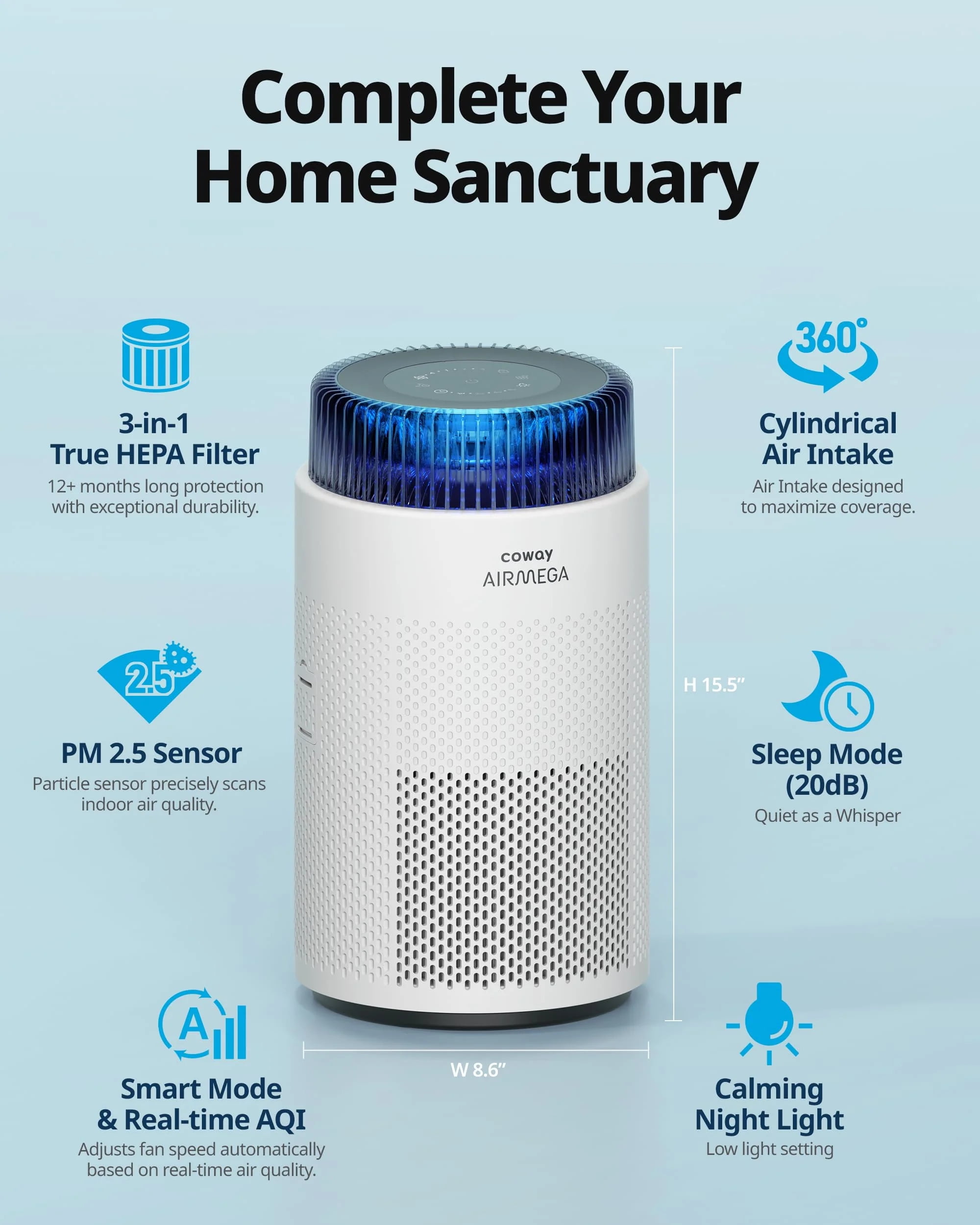 COWAY Air Purifier for Bedroom Home up to 810 ft², True HEPA Filter for Smoke, Allergies, Pet Dander, Odor, AQI Monitor, Auto&Sleep Mode, Timer, Filter Indicator, Night Light, 3yr Warranty, 100 White