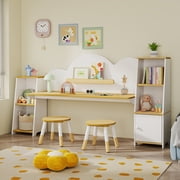 Reasea Wooden Kids Double Study Desk and Chair Set, Extra Large Children Writing Table, Student Study Table, Kids Desk with Book & Toy Storage