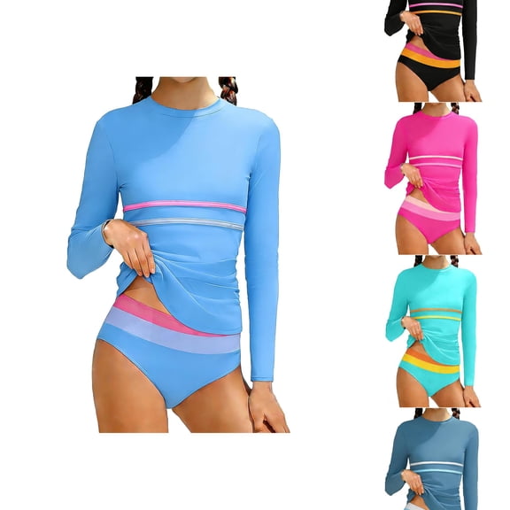 HUITKMM Girls' Swimwear Girls Rash Guard Swimsuit Long Sleeve Color Stripe Slim Top with Bikini Bottoms Bathing for Girls 7 16T