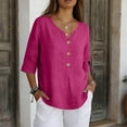 thumbnail image 2 of Nestiefly 3/4 Length Sleeve Womens Tops Cotton Linen V Neck T Shirts Summer Beach Casual Boho Three Quarter Sleeve Tops Hot Pink XL, 2 of 8