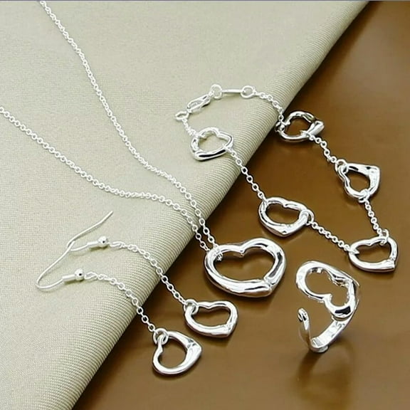 GKNET Women 925 Sterling Silver Heart Sets Necklace Bracelet Earrings Rings Jewelry