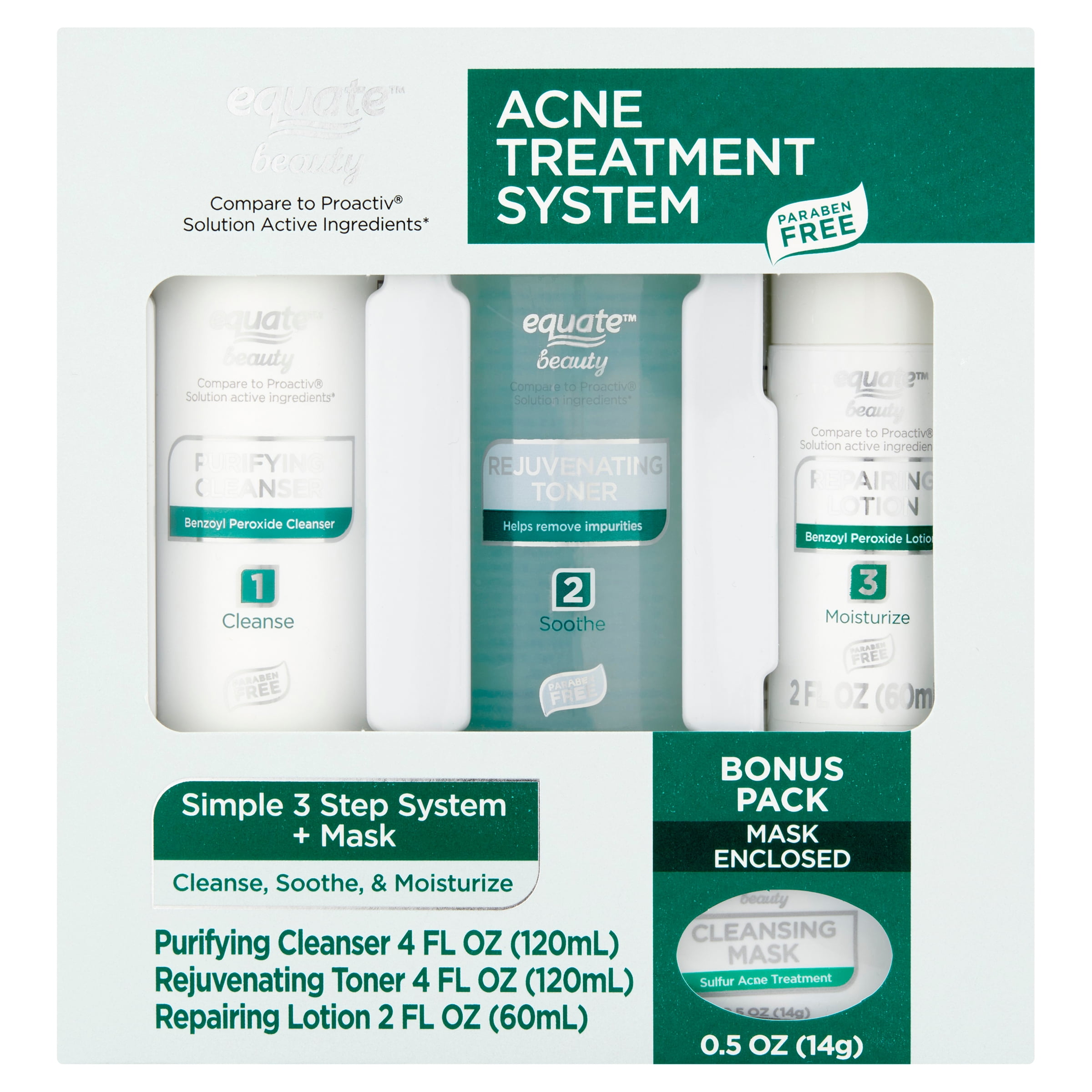 Equate Beauty Acne Treatment Regimen Set with Benzoyl Peroxide, 4 Piece Set