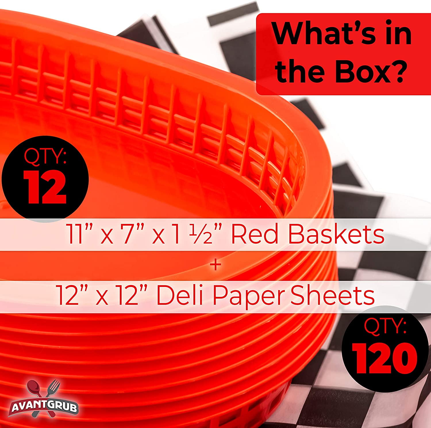 Avant Grub Red Fast Food Basket (12-Ct) with Black Checkered Deli Paper (120-Ct)