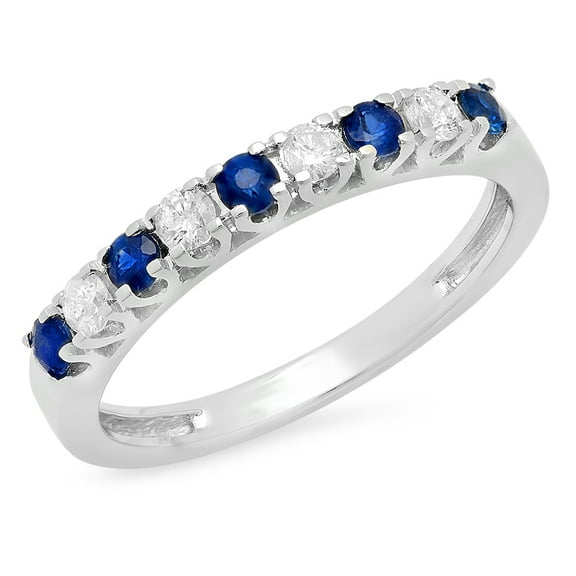 Dazzlingrock Collection 10K Round Cut Blue Sapphire & White Diamond Ladies Wedding Stackable Band, White Gold, Size 4