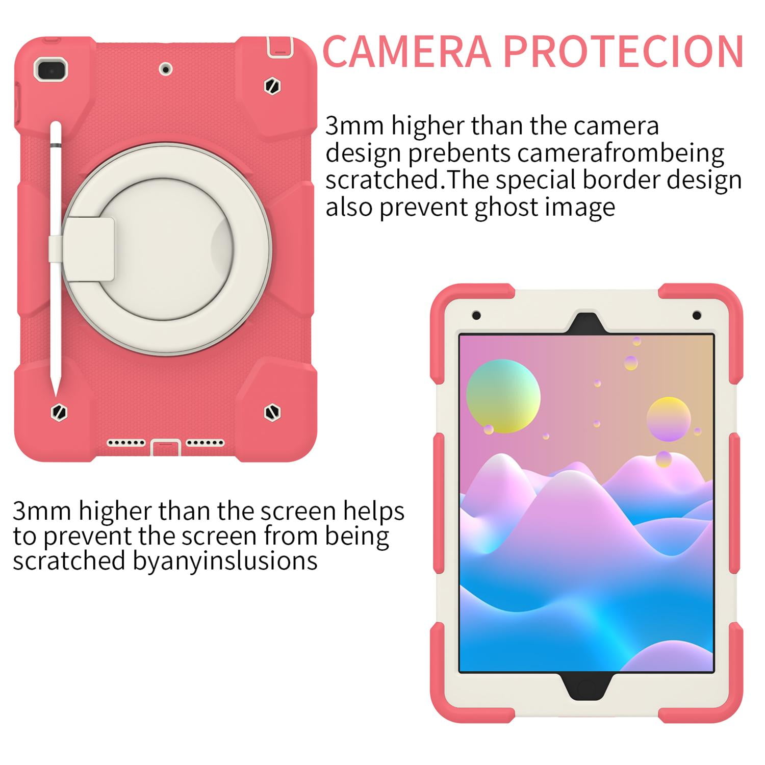 Allytech Case for iPad 9th/8th/7th Generation 10.2", Kids Case with 360° Rotating Folding Ring, Pencil Holder, Strap Drop-Proof Case for iPad 9/8/7 Gen 2021/2020/2019, Begonia Red