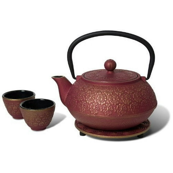 Miya Scarlet Blossom Cast Iron Teapot Set, Pink