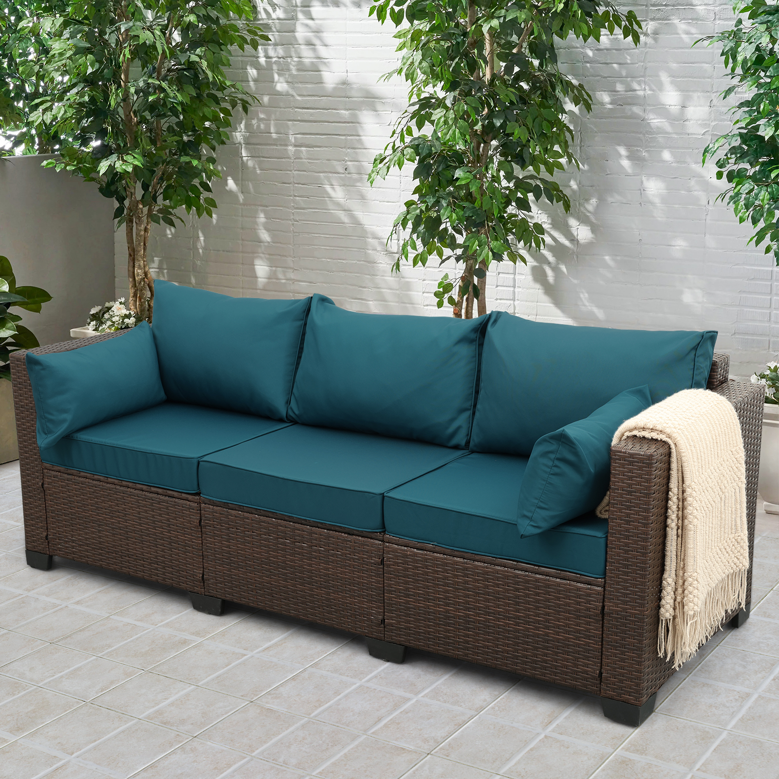 Waroom Patio 3-Seat Wicker Couch Outdoor Rattan Sofa Furniture, Peacock Blue Cushions - image 2 of 6