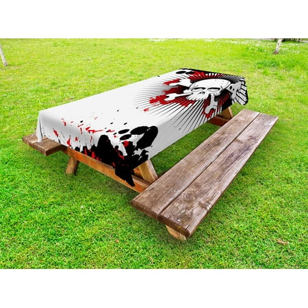 - Halloween Outdoor Tablecloth, Skull with Crossed Bones over Grunge Background Evil Scary Horror Graphic, Decorative Washable Fabric Picnic Table Cloth, 58 X 84 Inches,Pearl Red Black, by Ambesonne