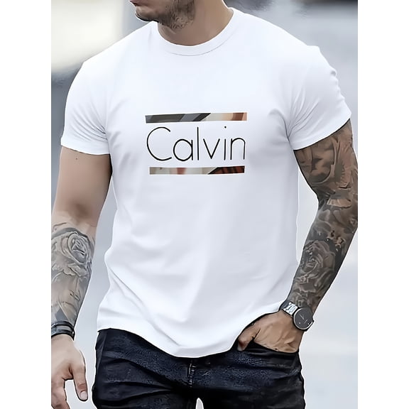 180g Pure Cotton Mens Round Neck Short Sleeve Casual T Shirt with Calvin Logo Comfortable Stylish Attire for Adults Machine Washable Relaxed Fit for Casual Attire