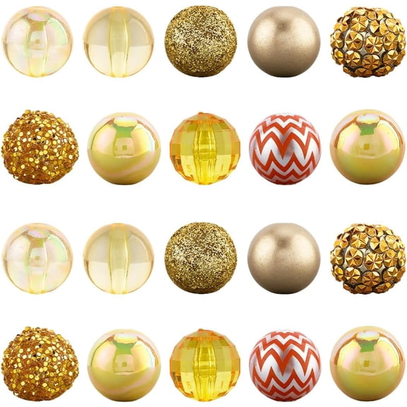 20MM 20PCS 10 Styles Gold Bubblegum Chunky Beads Round Acrylic Resin Rhinestone Pearl Faceted Loose Spacer Bead Bulk for Jewelry Making Earrings Bracelets Necklaces Pen DIY Craft Supply