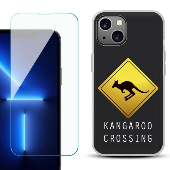 Slim-Fit Gel TPU Phone Case for iPhone 14, with Tempered Glass Screen Protector, by OneToughShield ® - Road Sign Kangaroo