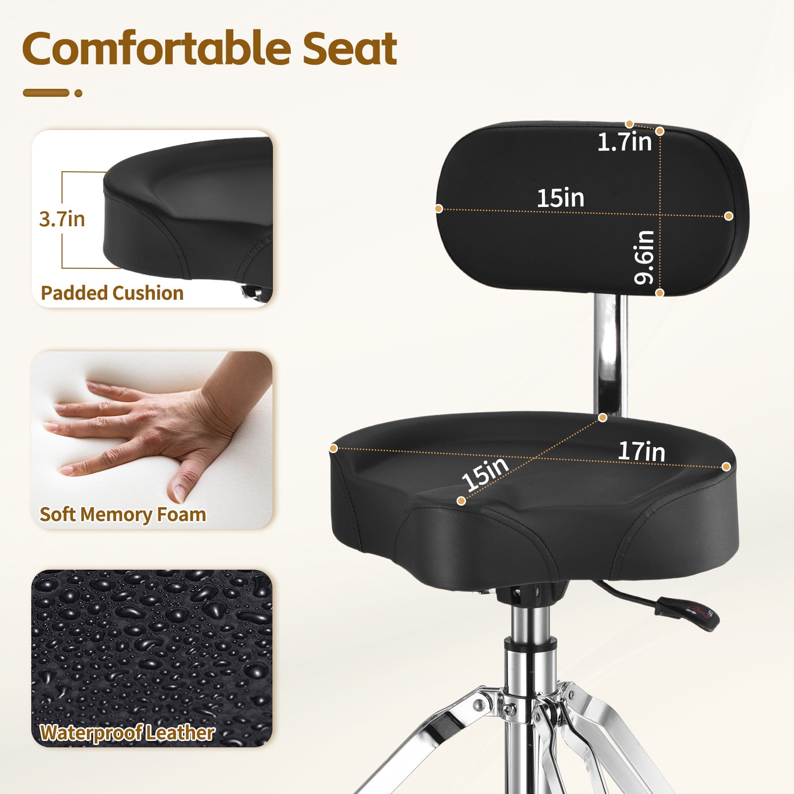 Drum Throne with Backrest Saddle Drum Stool Padded Hydraulic Drum Chair Height Adjustable