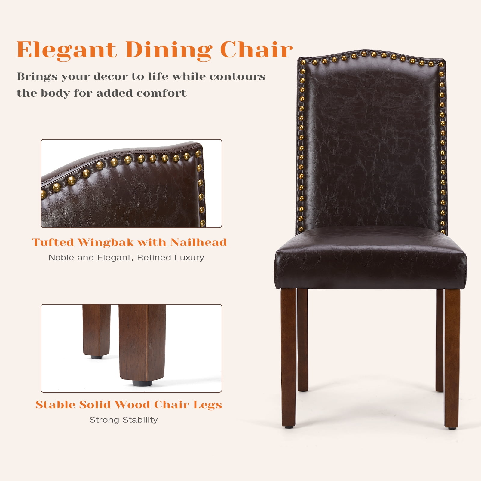 JOINSUN Set of 6 Home Dining Chairs, Parsons Back with Nailhead Trim Wood Legs, PU Leather, Brown