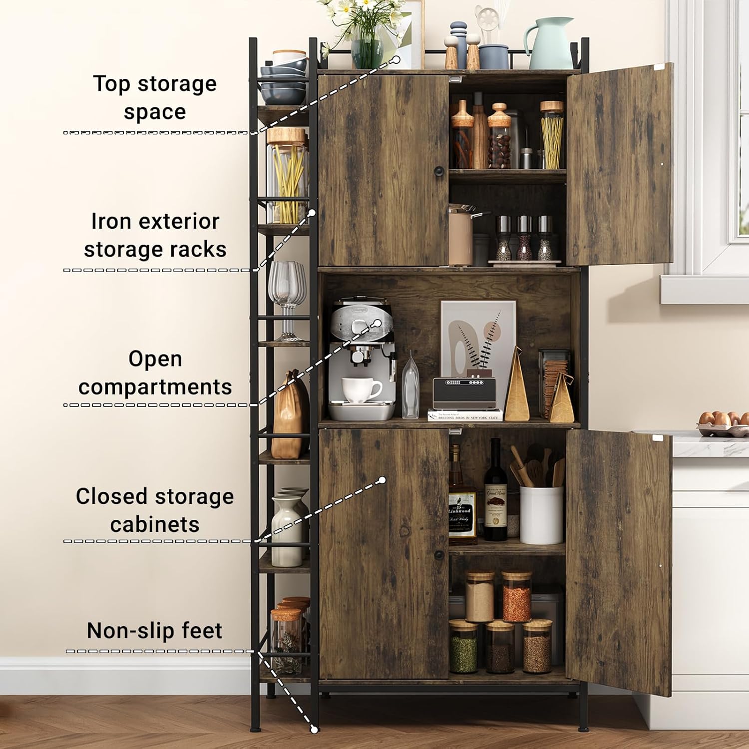 NEGYLIM 71" Kitchen Pantry Storage Cabinet, Freestanding Larder Cupboard, Kitchen Hutch Cabinet with Microwave Stand,Utility Pantry with Doors and Shelves for Dining Room, Living Room, Brown