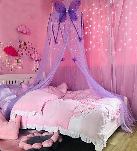 Mengersi Bed Canopy Curtains Mosquito Net Stars for Girls Boys Adults Playing Games House Bedroom Decoration Purple-Butterfly