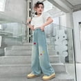 thumbnail image 5 of Fozruso Girls Loose Sweatpants Girls Pants For Daily Wear Heart Embroidered Wide Leg Straight Denim Trousers For Ages 8 14 Comfortable Elastic Waist For Spring And Summer Sizes 11-12 Years, 5 of 6