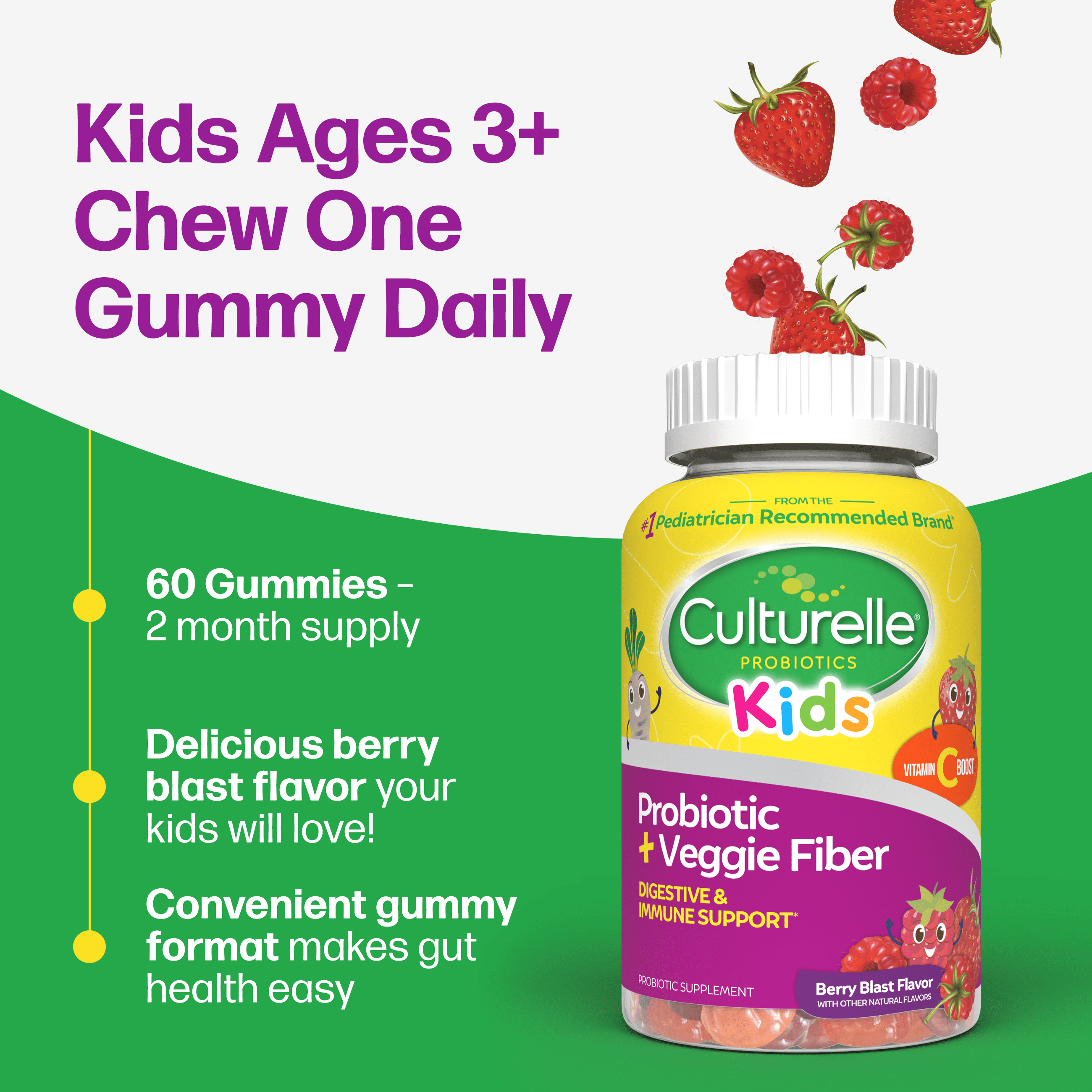 Culturelle Probiotics Kids Veggie Fiber + Probiotic Daily Gummies Supplement, Immunity & Digestion Support for Children, Berry Blast Flavor, 60 Count
