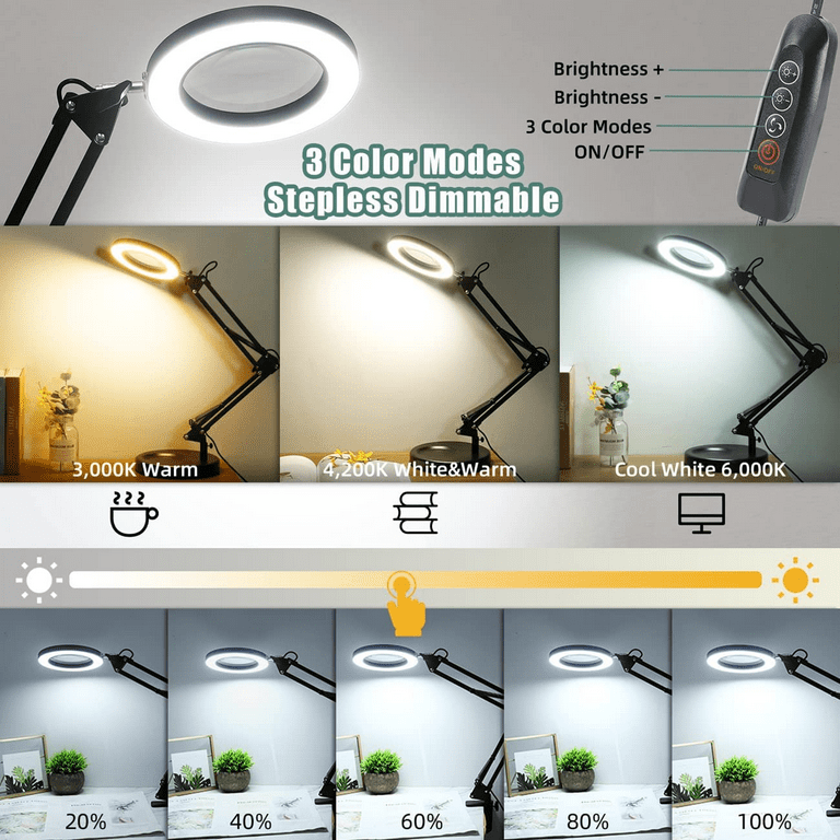 8X Magnifying Glass LED Light with Clamp, 12W Dimmable Magnifier Desk Lamp  with 3 Light Colors 10 Brightness, 6.3″ Real Glass Lens, Adjustable Swivel