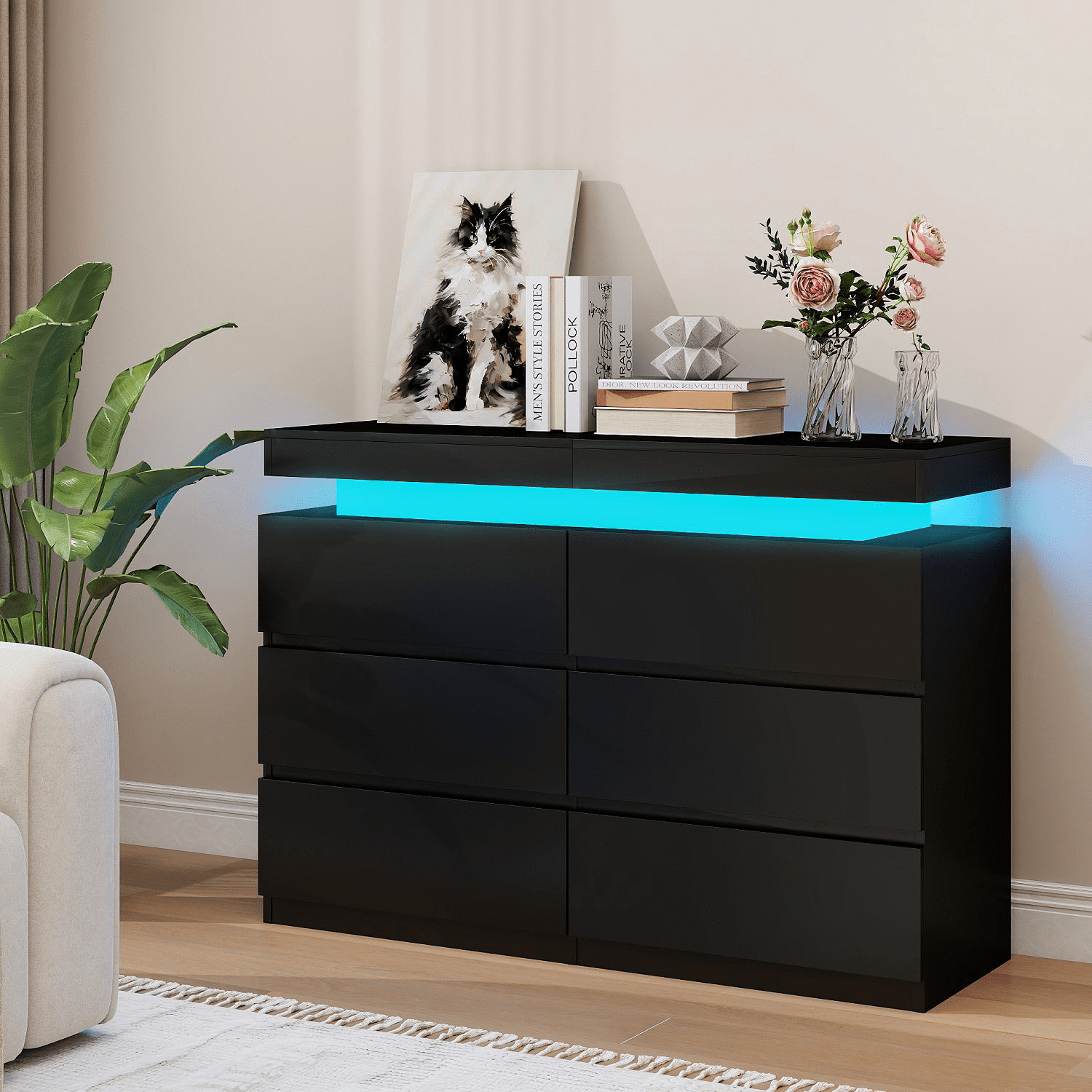 Black 6 Drawer Dresser with Sliding Top, LED Lights & Charging Station - Spacious Chest of Drawers for Bedroom, Entryway, or Hallway Storage