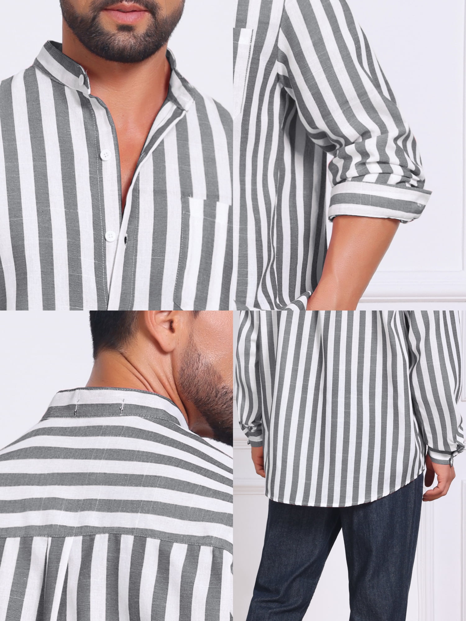 DARING DIVA Men's Striped Stand Collar Long Sleeve Button Down Shirt XL Black