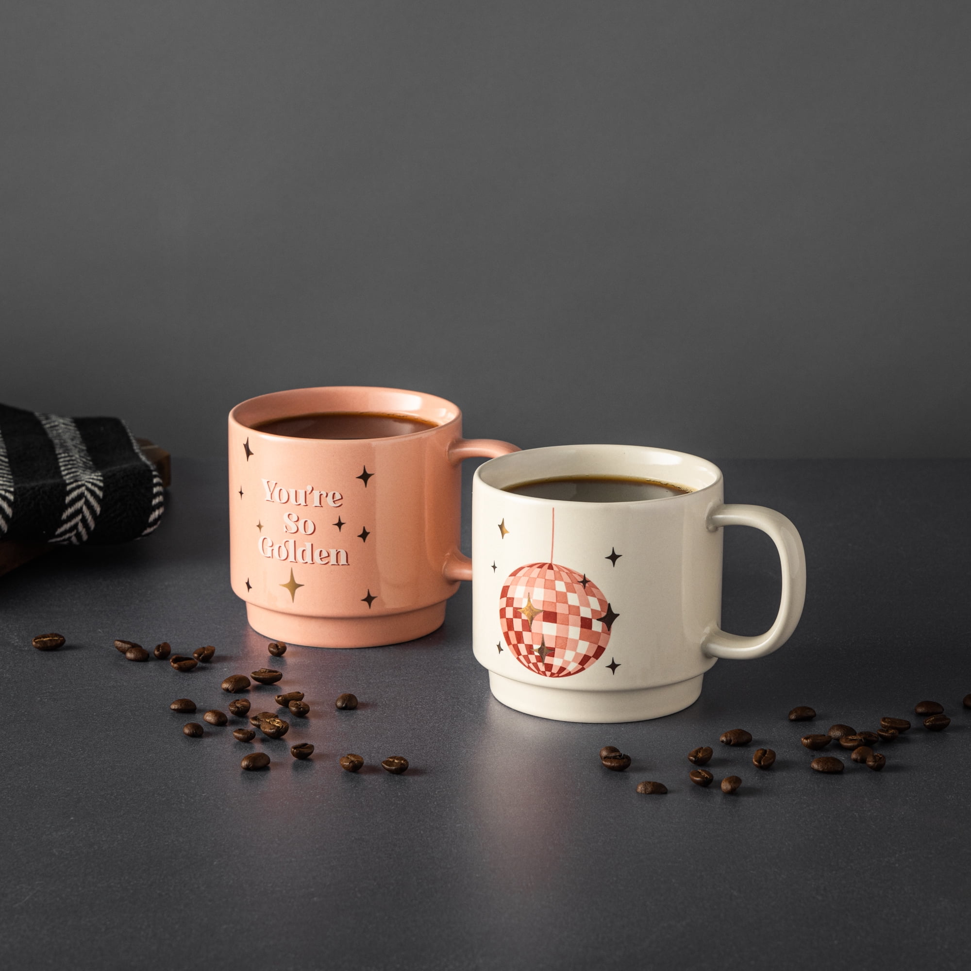 Thyme & Table 2 Pack Stacking You're So Golden Pink and Disco Ball White Mugs 14.2 fl oz, Stoneware