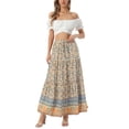 thumbnail image 2 of INSPIRE CHIC Women's Elastic High Waist Ruffle Floral Print Boho A Line Pockets Summer Maxi Skirt XL Beige, 2 of 6