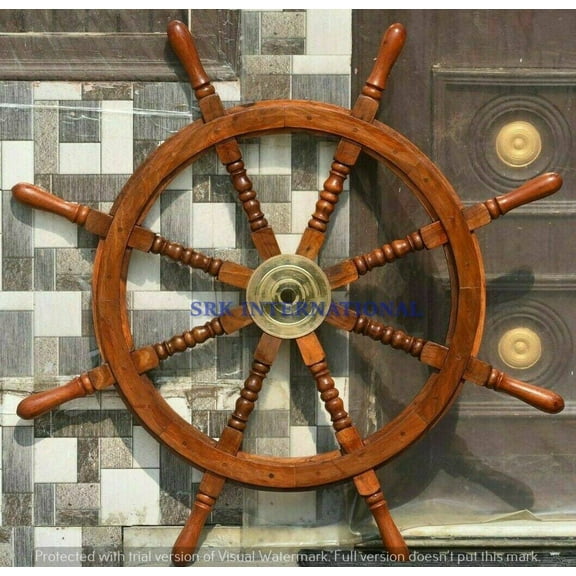 Nautical Wooden Brass Ring Inlay Vintage Finishing Ship Steering Wheel 36 Inches