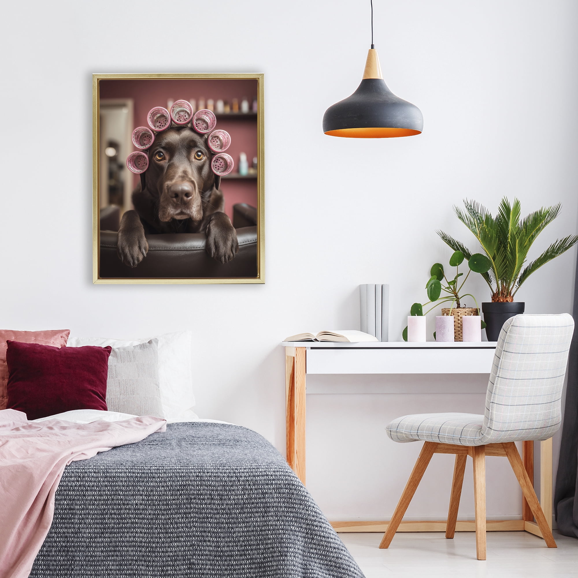 Stupell Industries Dog at Salon with Curlers Gold Framed Floater Canvas Wall Art, design by Scott Stulberg