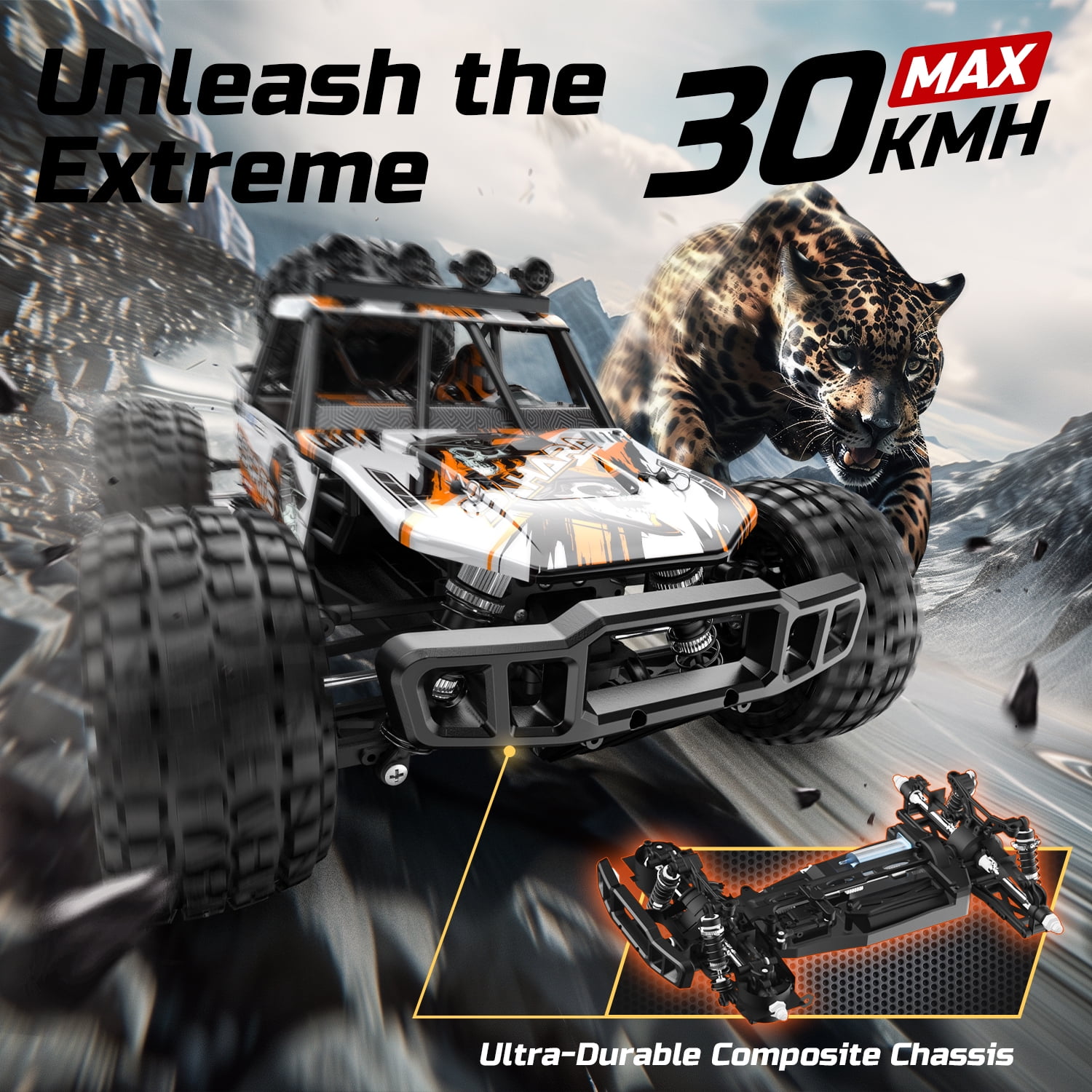 DEERC 1:10 Scale RC Car for Adults & Boys, 48KM/H Speed 4X4 Hobby RC Monster Truck with Lights, 2 Rechargeable Batteries, 2.4 GHz All Terrain Remote Control Car Toys for 30mins Fun