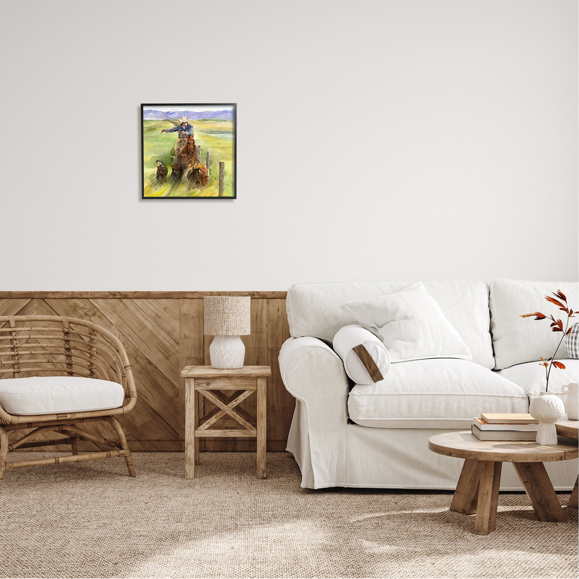 Stupell Industries Cowboy with Cattle Watercolor Animals & Insects Painting Black Framed Art Print Wall Art, 17 x 17