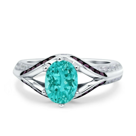 Halo Oval Split Shank Ring Amethyst Paraiba Tourmaline CZ 925 Sterling Silver Size 5