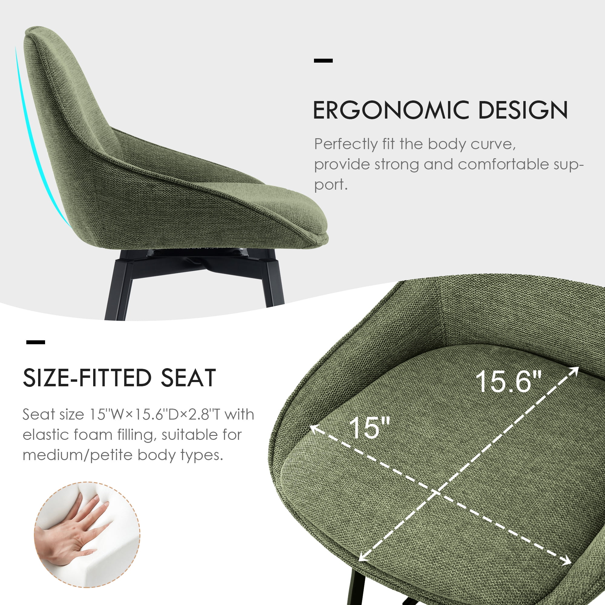 Zesthouse 25.6" Swivel Counter Height Bar Stools Set of 2, Modern Counter Height Chairs with Backs and Metal Legs, Upholstered Linen Barstools for Kitchen Island, Green