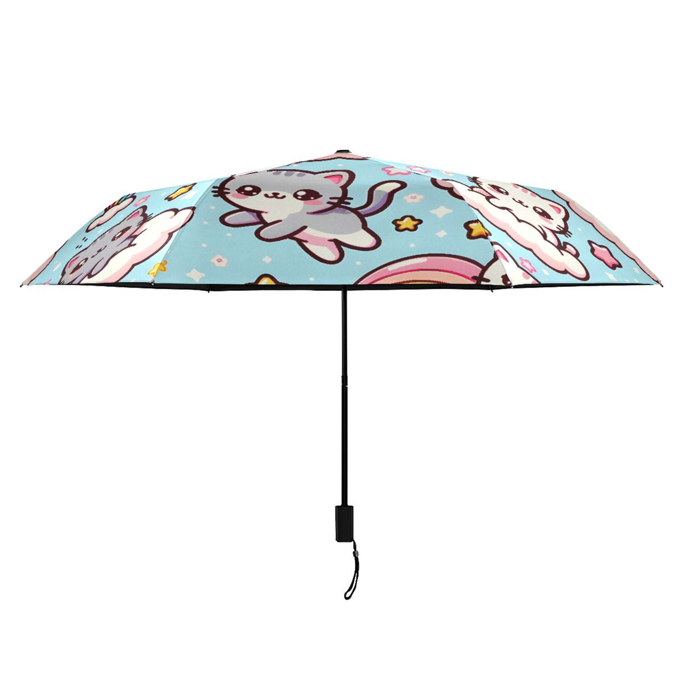 Cute Cats with Cloud Compact Sun Umbrella Windproof Travel Umbrellas for Rain Strong Portable UV Protection