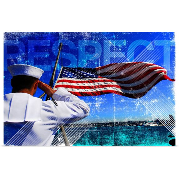Great BIG Canvas | Rolled Kate Lillyson Poster Print entitled Motivational Grunge Poster: Respect. A sailor salutes the American flag