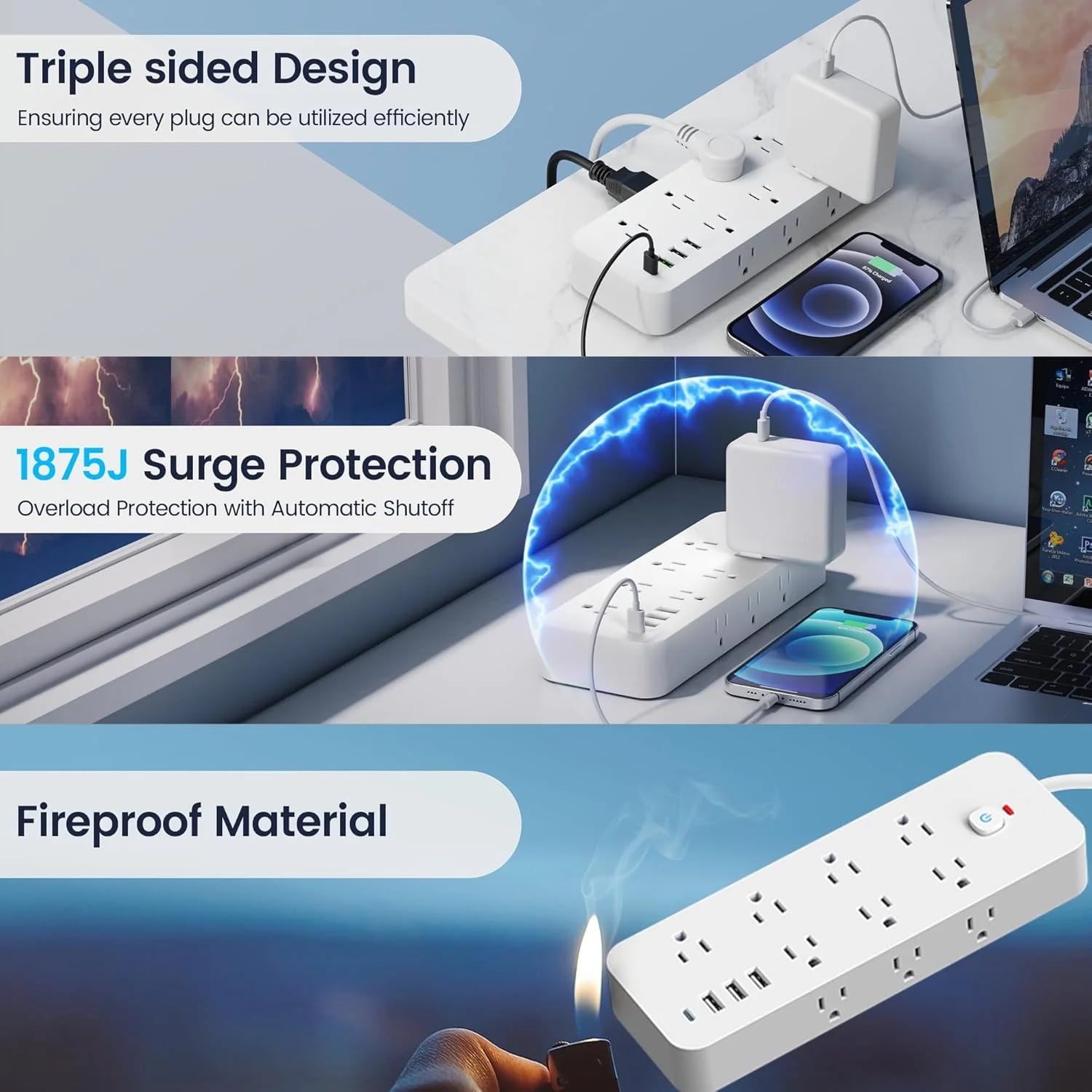 BEISHINK Power Board Surge Protector, Flat Plug Extension Cord of 5 Feet, with 14 Sockets and 4 USB Chargers, 1875J Multi-Plug Board, Suitable for Home, Office, University Dormitory Rooms, White